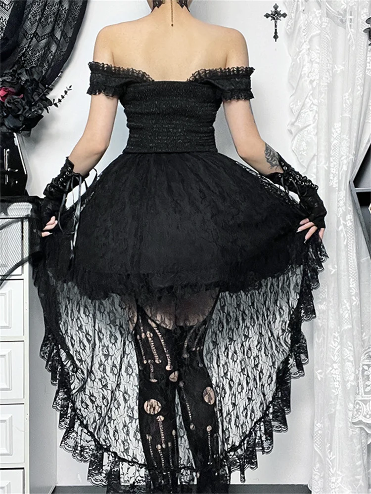 2024 Steampunk Cosplay Black Gothic Party Dress Lace Vintage High Low Women\'s Y2K Grunge High Waist Bodycon Punk Lolita Dresses