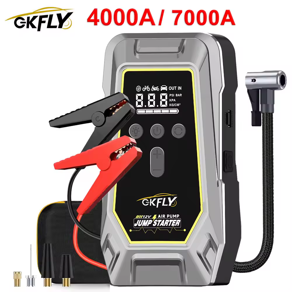 GKFLY 4000A/7000A מתנע רכב נייד, סוללת גיבוי, מדחס אוויר, משאבת צמיגים, מטען חירום, מגבר התנעה לרכב