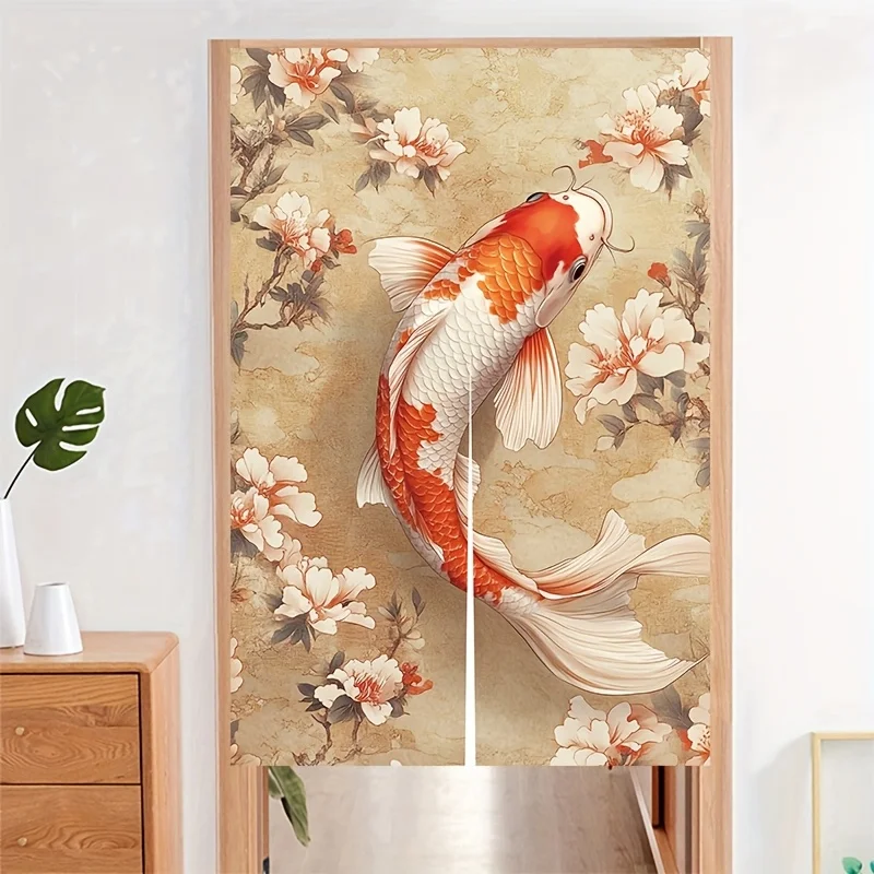 VIKAMA Koi and Floral Door Curtain Traditional Chinese Elegant Pattern Living Room and Kitchen Entrance Half-Curtain Home Decor