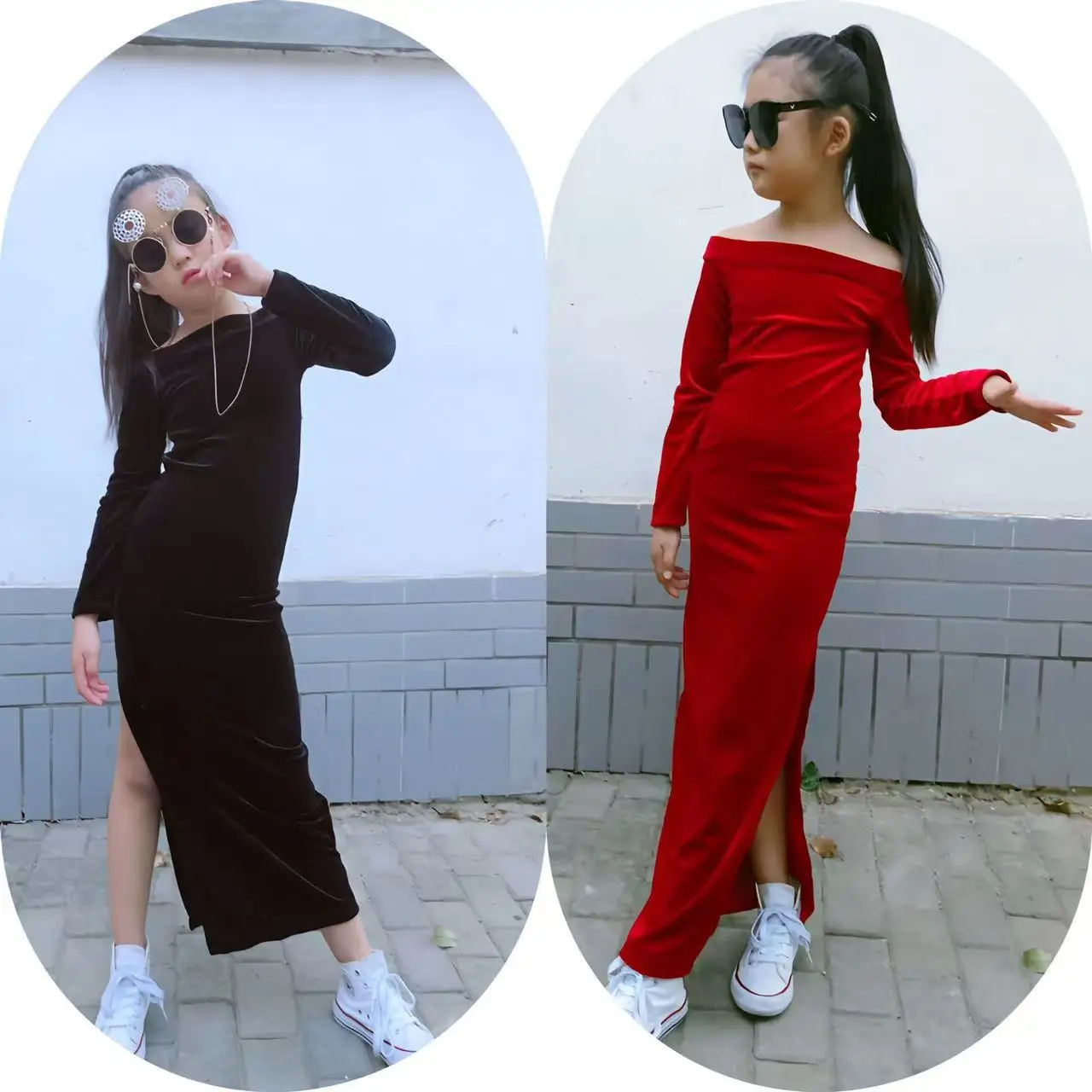Toddler Fall Clothes Long Maxi Dress Baby Girls Teenage Chinese Costume Off Shoulder Strapless Vestidos Split Velvet 80-170CM