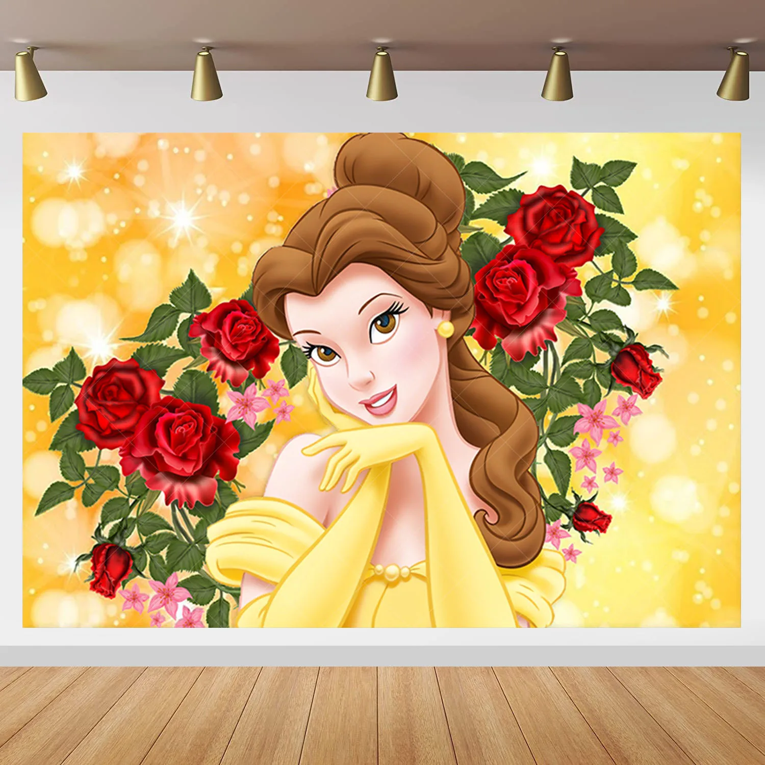 Disney Beauty and the Beast Princess Belle Backdrop Kids Birthday Party Background Golden Rose Photography Banner Decor Props