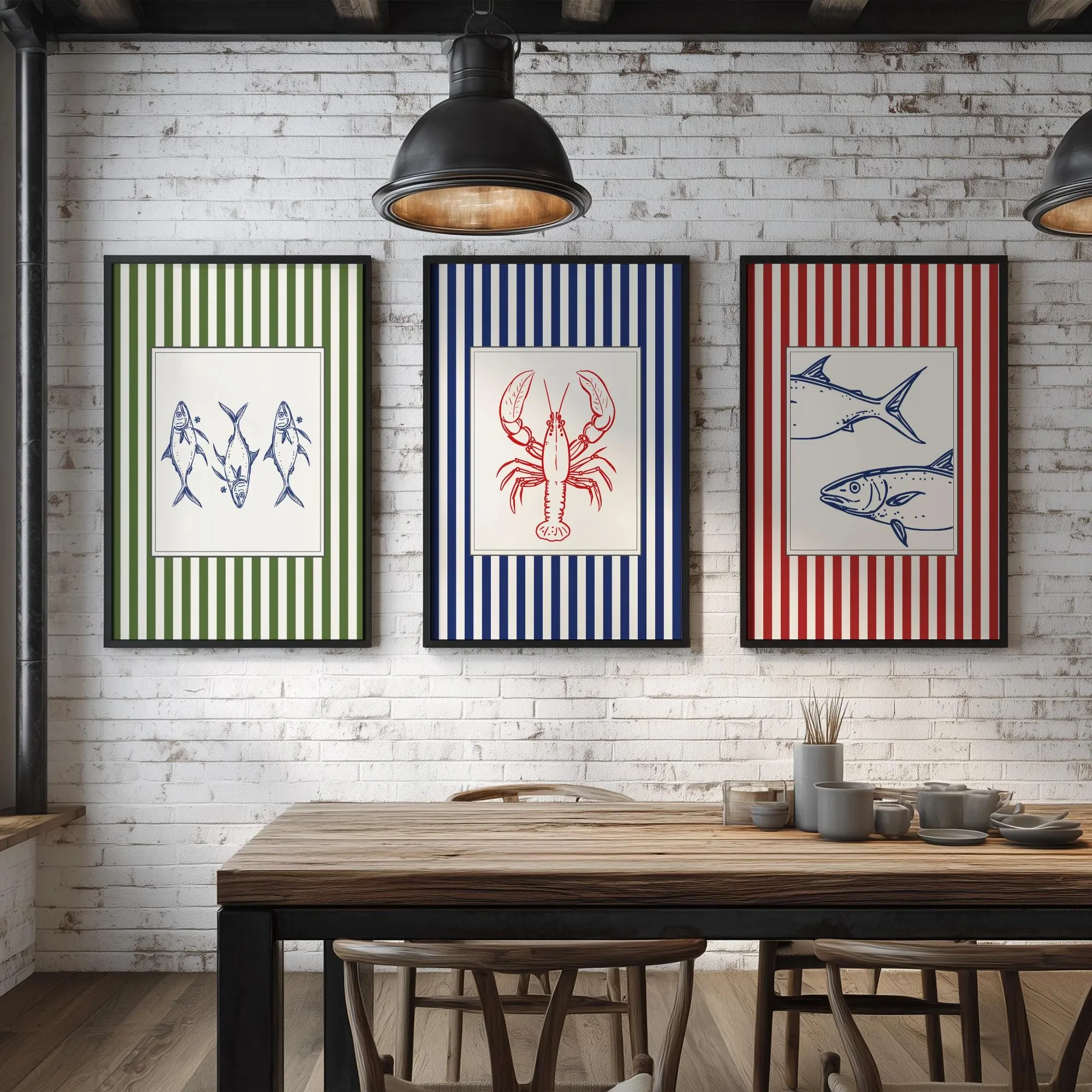 Gestreiftes Küsten-Wandkunst-Set, 3-teilig, Nautische Heimdekoration, Fisch- und Hummer-Drucke, Strandhaus-Galerie Wandkunst-Poster