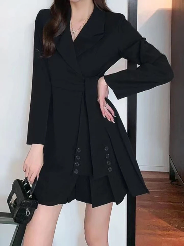 Spring Blazers for Women 2024 New In Korean Elegant Office Lady Long Sleeve Tops Female Slim Black Jacket Pleated Coat Dress