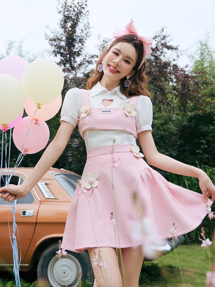 

Розовый комплект из топа на бретелях и юбки с цветочным принтом, молодежный, модный, из коллекции ICYNUDE, женский осенний костюм