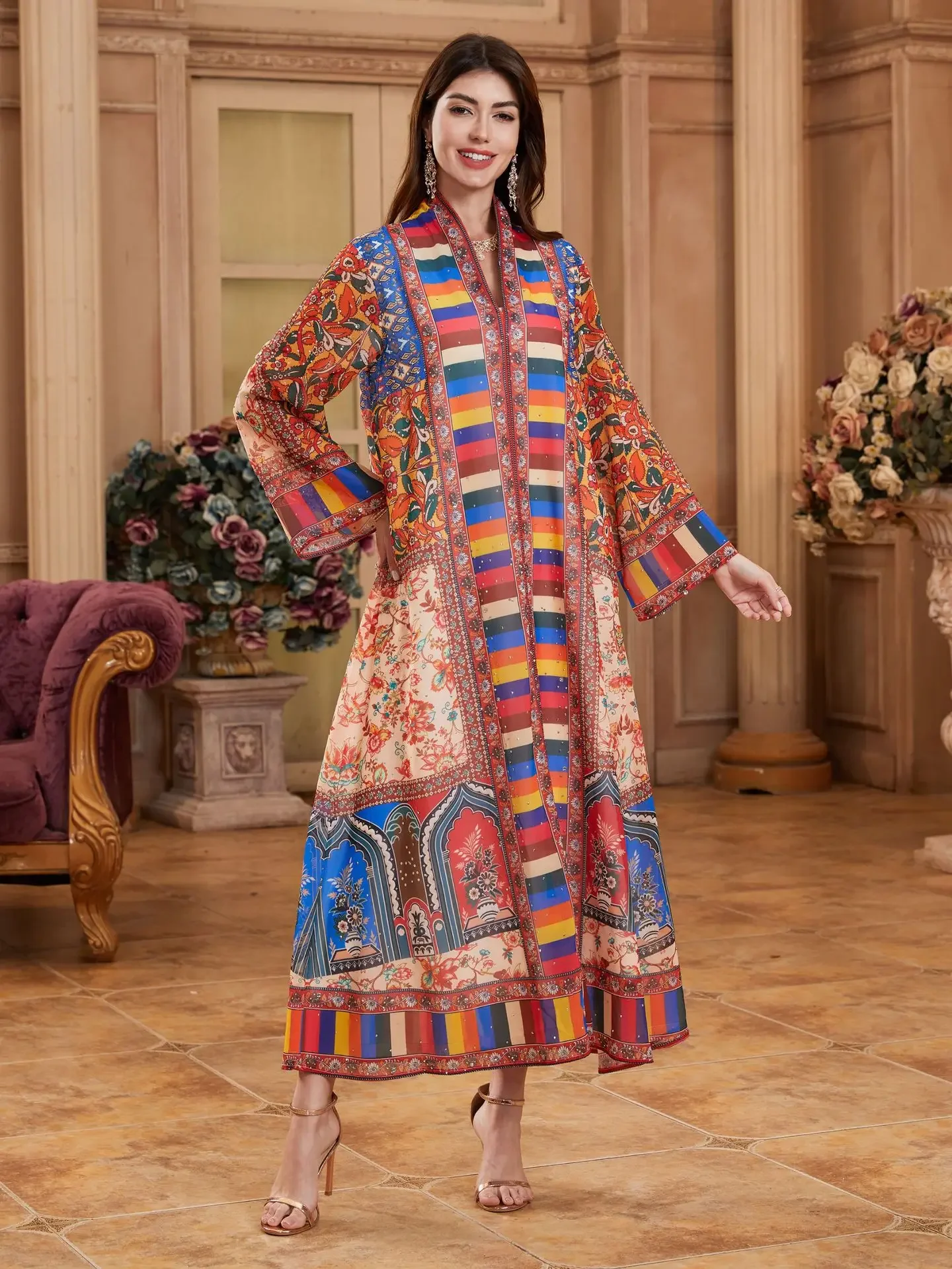 Eid Women Dress Muslim Abaya Vestidos Largos Print Party Caftan Jalabiya Ramadan Long Dresses Dubai Kaftan Arab Long Robe 2025 4
