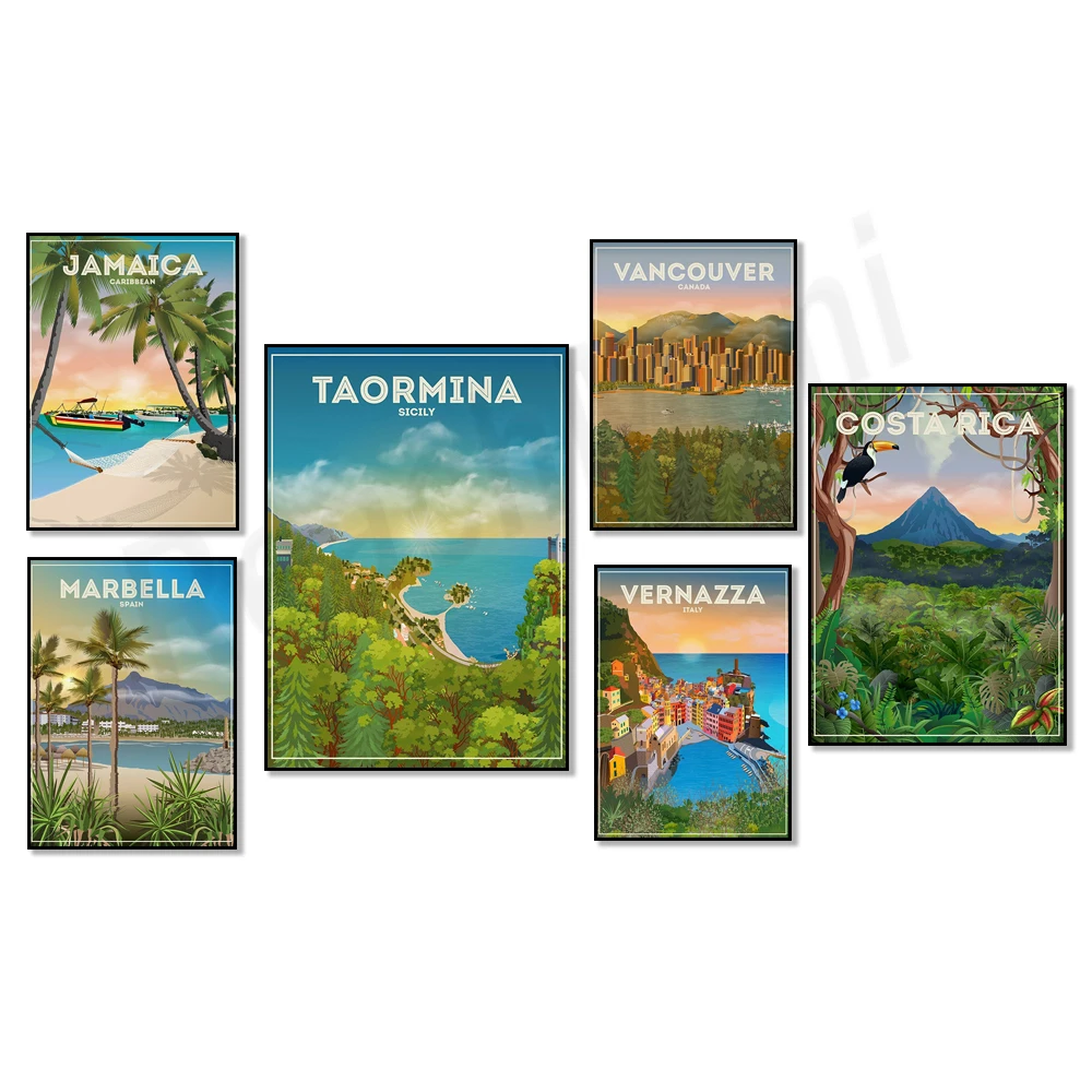 

London, Jamaica, Costa Rica, Vancouver, Sicily, Sweden, Rügen, St Ives England, Marbella Spain, Mauritius, France travel poster