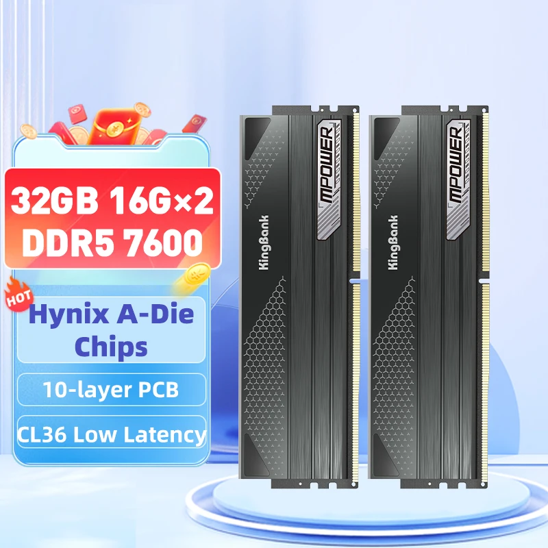 KingBank DDR5 16GB 16gbx2 7600MHz MPOWER CL36 memori Desktop 288 Pin PMIC ECC DIMM DDR5 RAM Hynix A die Chip kinerja tinggi