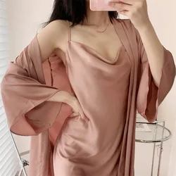 2PCS Women Nighty&Robe Set Summer Bathrobe Nightdress Sleep Suit Lace Kimono Gown Lingerie Satin Sleepwear Nightgown Homewear