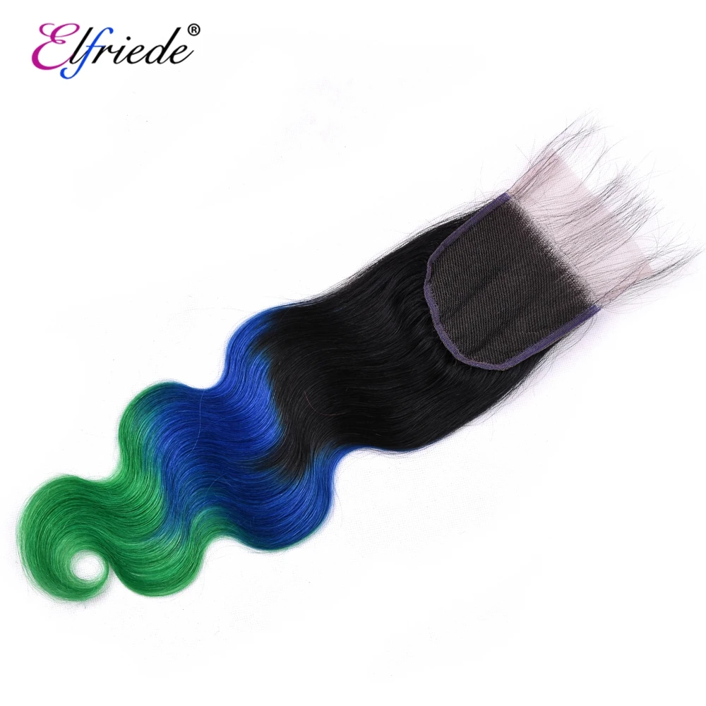 Elfriede #1B/Blue/Green Body Wave Bundles With Closure Brazilian Human Hair Weave Bundles With 4x4 Lace Closure HD Transparent