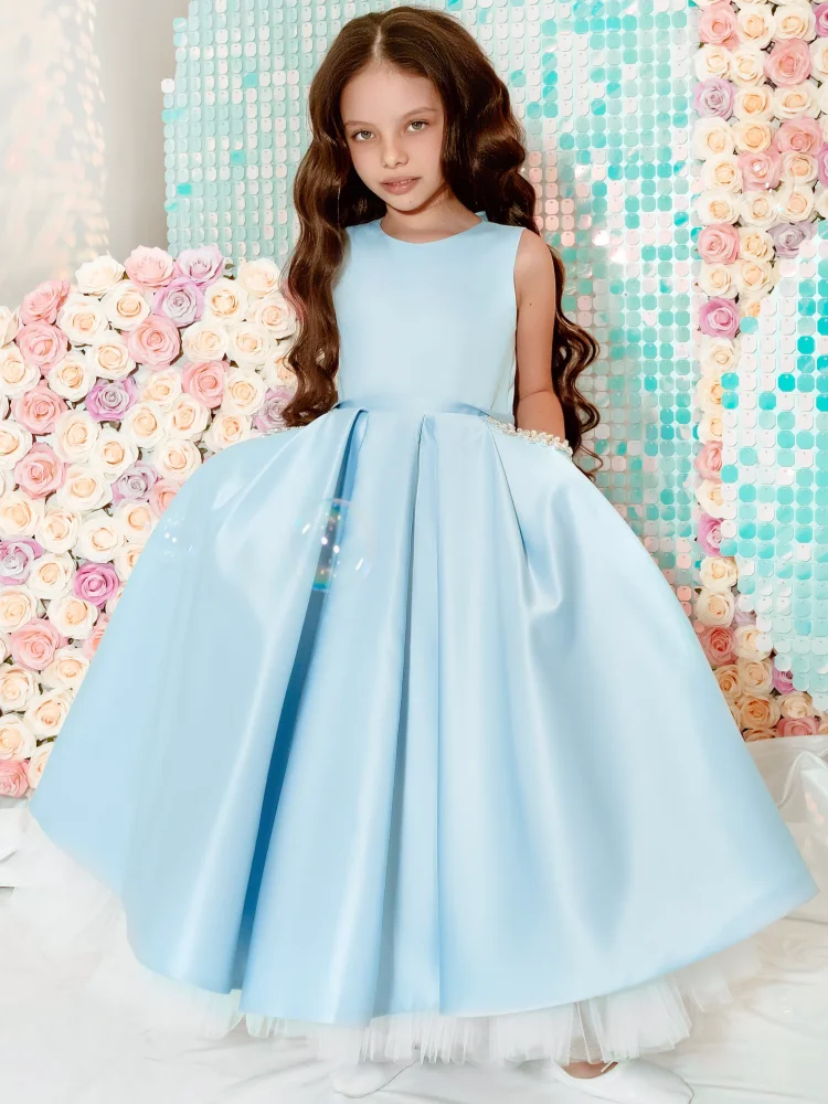 

Blue Flower Girl Dresses Satin Solid With Bow Sleeveless For Wedding Birthday Party Banquet Princess Gowns