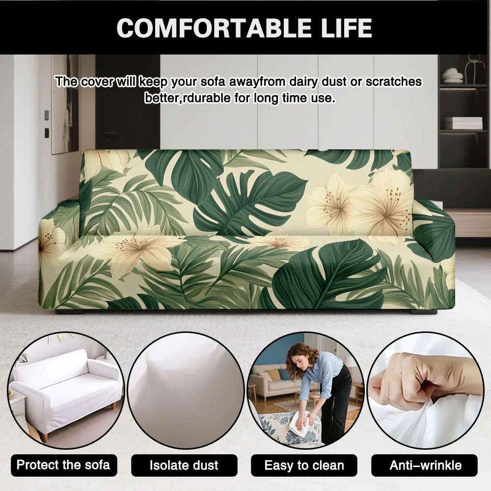 1pc Tropical Monstera Leaf Hibiscus Print Stretch Sofa Cover, Boho Green Botanical Couch Slipcover for Jungle Home Decor