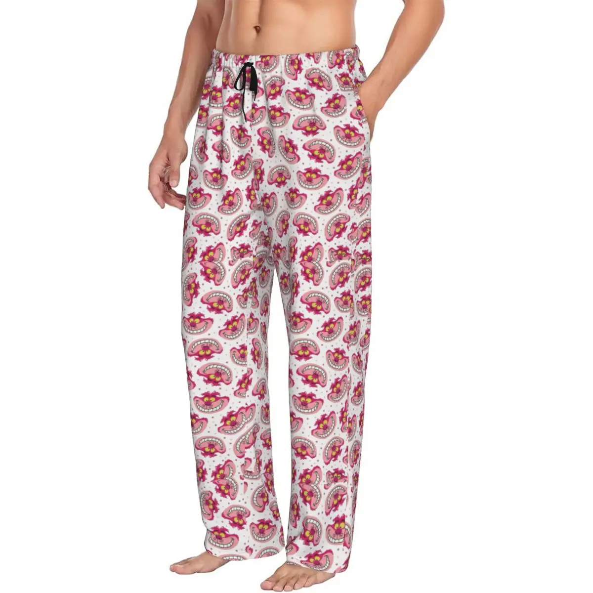 Pantalon de pyjama imprimé personnalisé avec poches pour hommes, bas de vêtements de nuit, motif chat du Cheshire et Grin, Alice We're All Mad Here, Wonderland