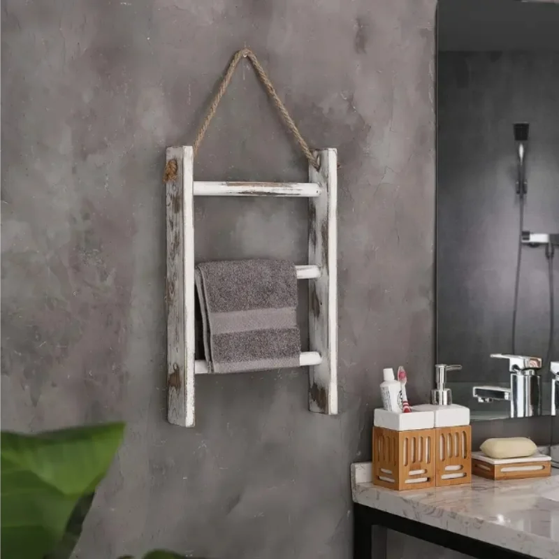 

1PCS 3-Tier Mini Whitewashed Wood Wall-Hanging Hand Towel Storage Ladder With Rope For Living Room Hote