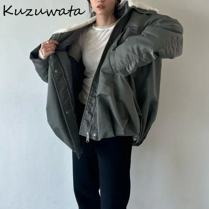 Kuzuwata Long Sleeve Hooded Casual Soft Jacket Zip Slim Fit Loose Button Elegant Parkas Coat Japan New Moda Pocket Outwears