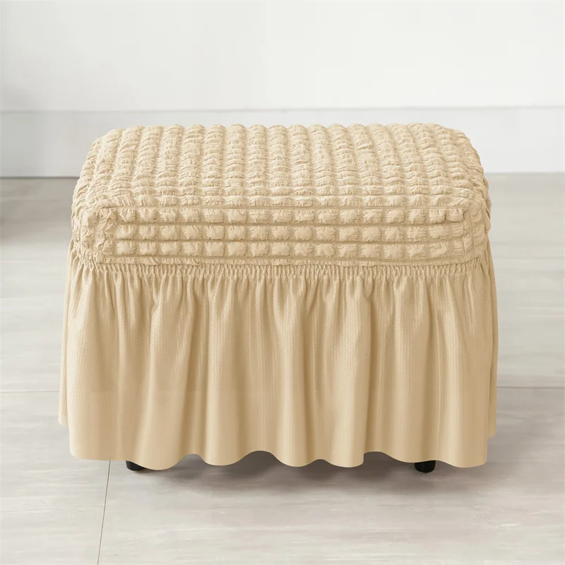 Footstool Skirt Cover Seersucker Durable Stretch Ottoman Cover Solid Color Non Slip Spandex Footrest Slipcover for Living Room