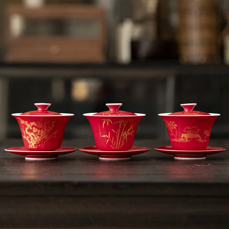 Langhong Gold-Stamped Three-Talent Gaiwan Kung Fu Set Ceramic Household Serving Tea Brewing Bowl Scholar's Ware Gai