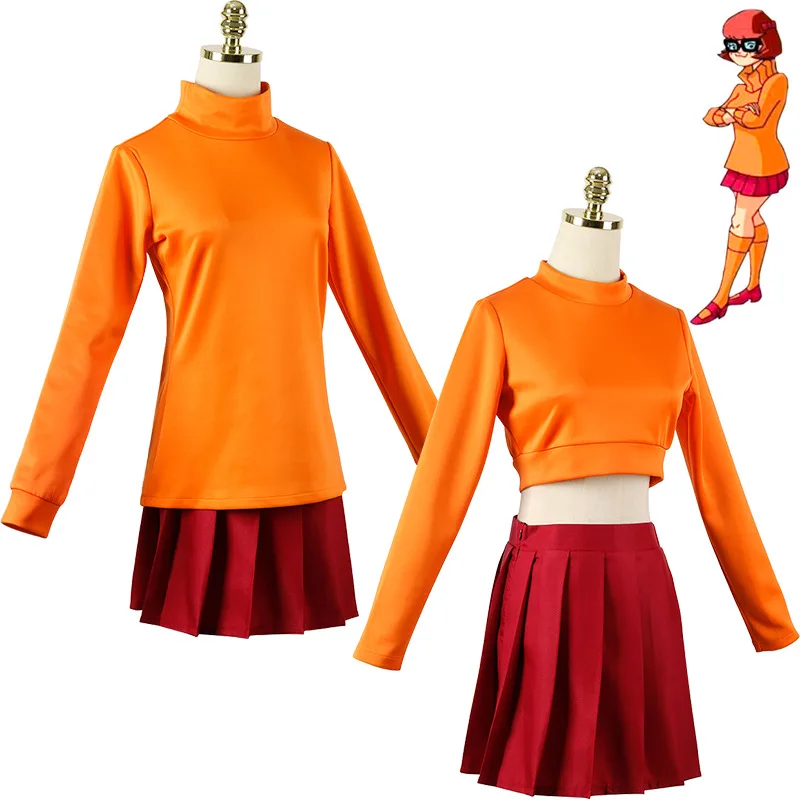 Anime Velma Seragam Cosplay Kostum Oranje Korte Rok Uniform Wanita Oranye Kaus Kaki Rok Atas Halloween Party Carnaval Set