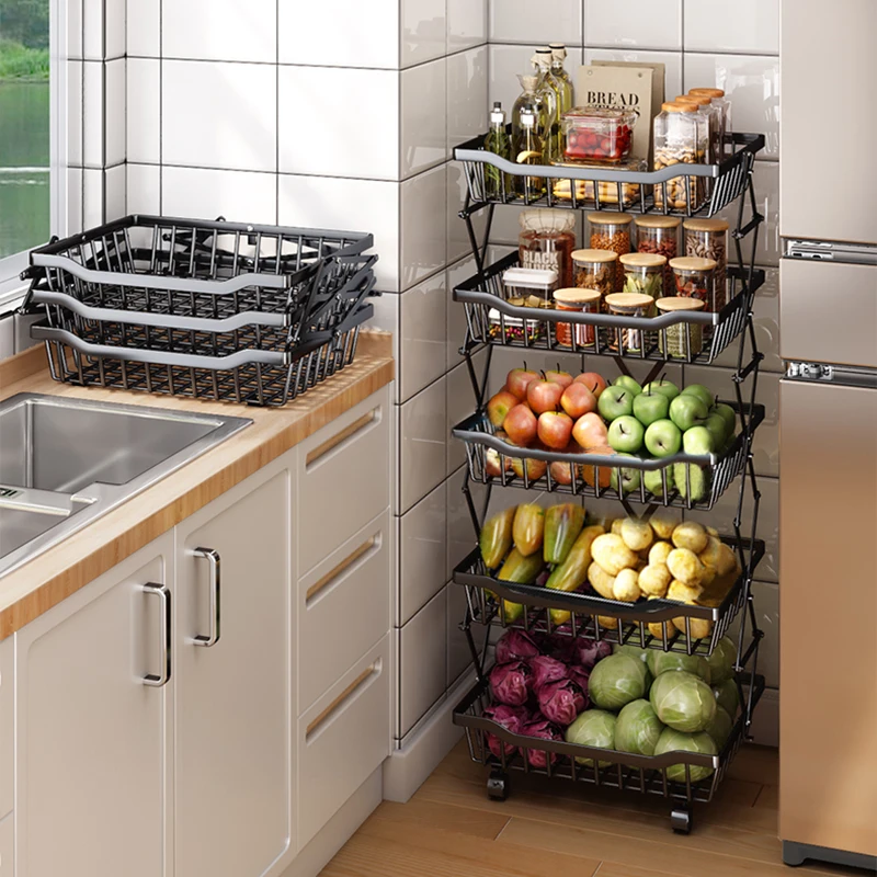 

Kitchen Shelf Floor-to-ceiling Folding Vegetable Rack Multi-layer Vegetable and Fruit Basket Kitchen Supplies Storage Shelf