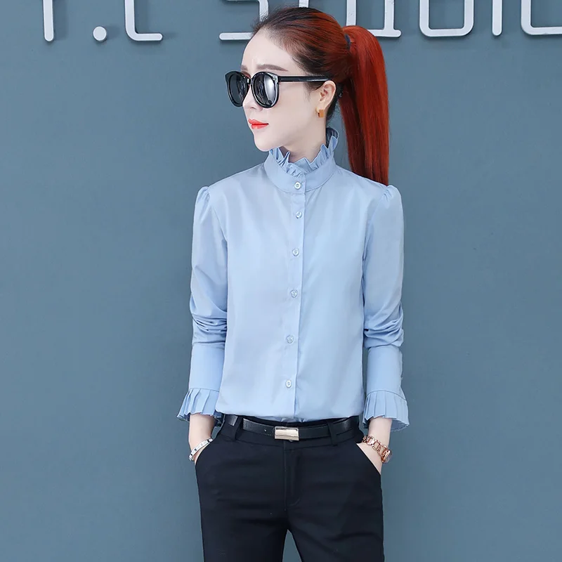 Fashion And Versatile Stand Up Collar With Wooden Ear Edge Long Sleeved Inner Lining Shirt Women\'S Spring Autumn New Bottom Top