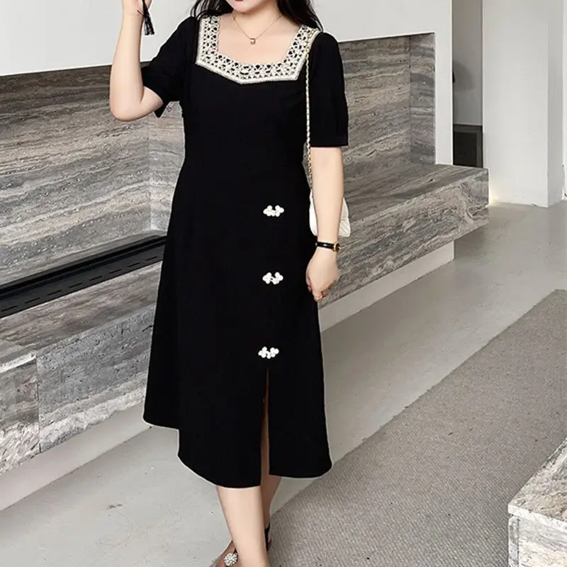 

Vintage Lace Spliced Dresses Elegant Square Collar Women's Clothing A-Line Fashion Chinese Disc Buckle Waist Midi Dress Summer