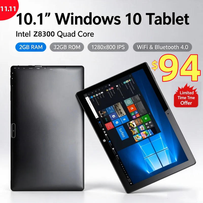 64비트, 10.1인치, Windows 10 태블릿 PC, Intel Z8300 쿼드 코어 프로세서, 2GB RAM, 32GB ROM, 1280x800 IPS 디스플레이, 듀얼 카메라, Wi-Fi, 블루투스 4.0.