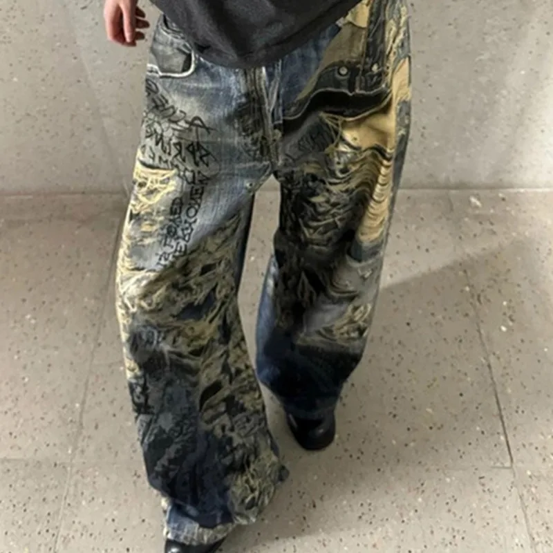 HKSH 春夏メンズユーズド加工カジュアル穴洗浄ブーツカットジーンズハイストリートファッション抽象パターンデニムパンツイン HK7029