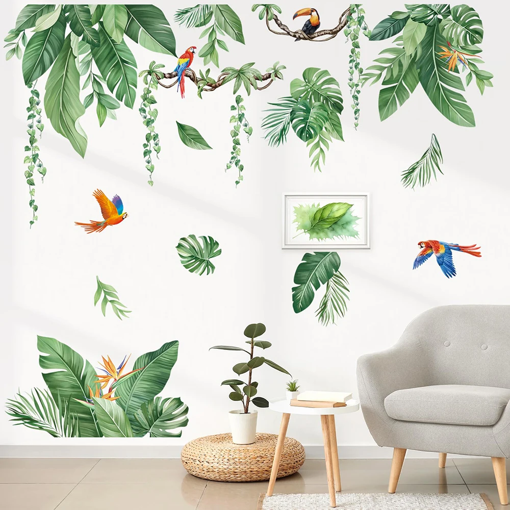 Tropical Palm Leaves Vines Wall Stickers Green Plants Tree Parrots Wall Decals Living Room Bedroom TV Background Home Decor