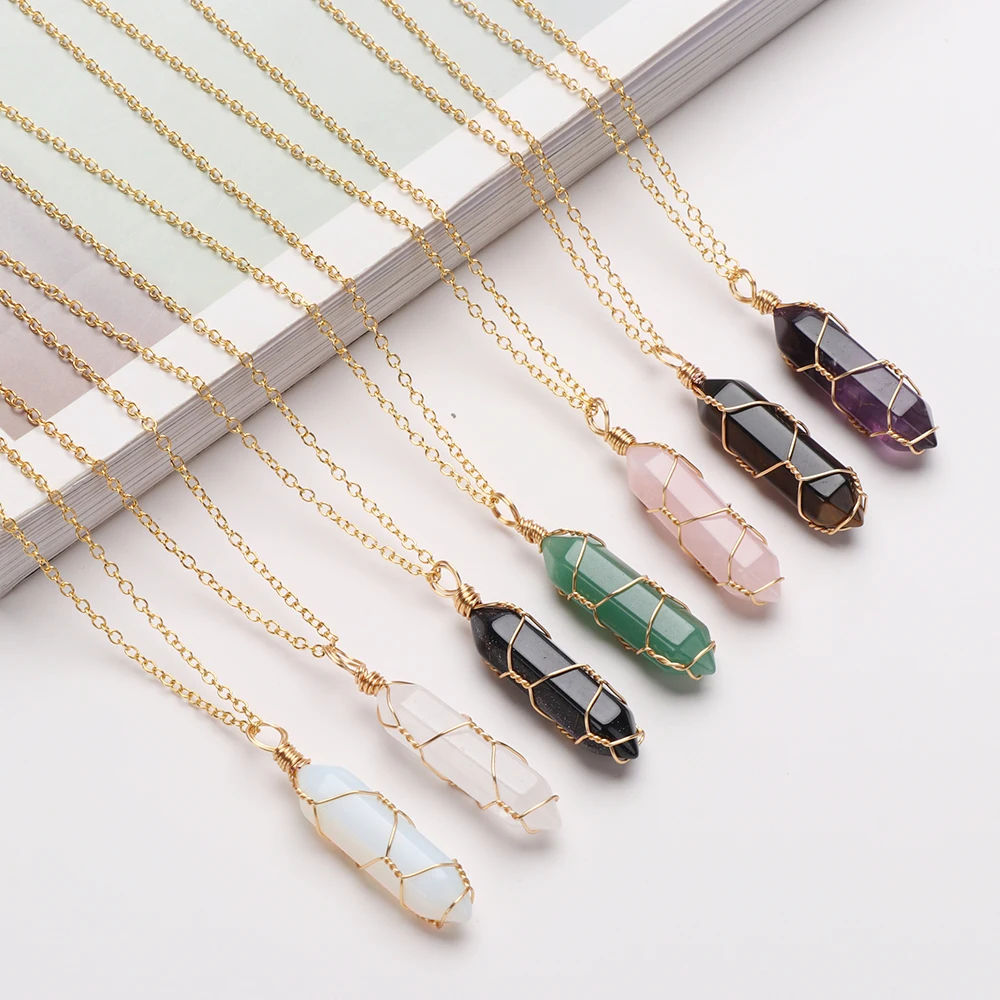 2022 Hexagonal Cylindrical Crystal Necklace Natural Stone Pendant Wire Wrap Stone Necklace for Women Men Fashion Jewelry