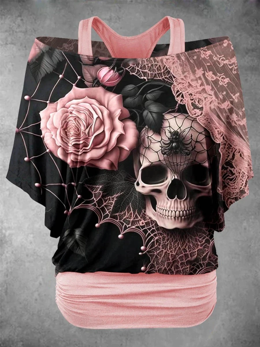 PLstar Cosmos 3D Printed Horror Skull Pattern Faux Two-Piece Top Women's Casual T-Shirt Harajuku Streetwear