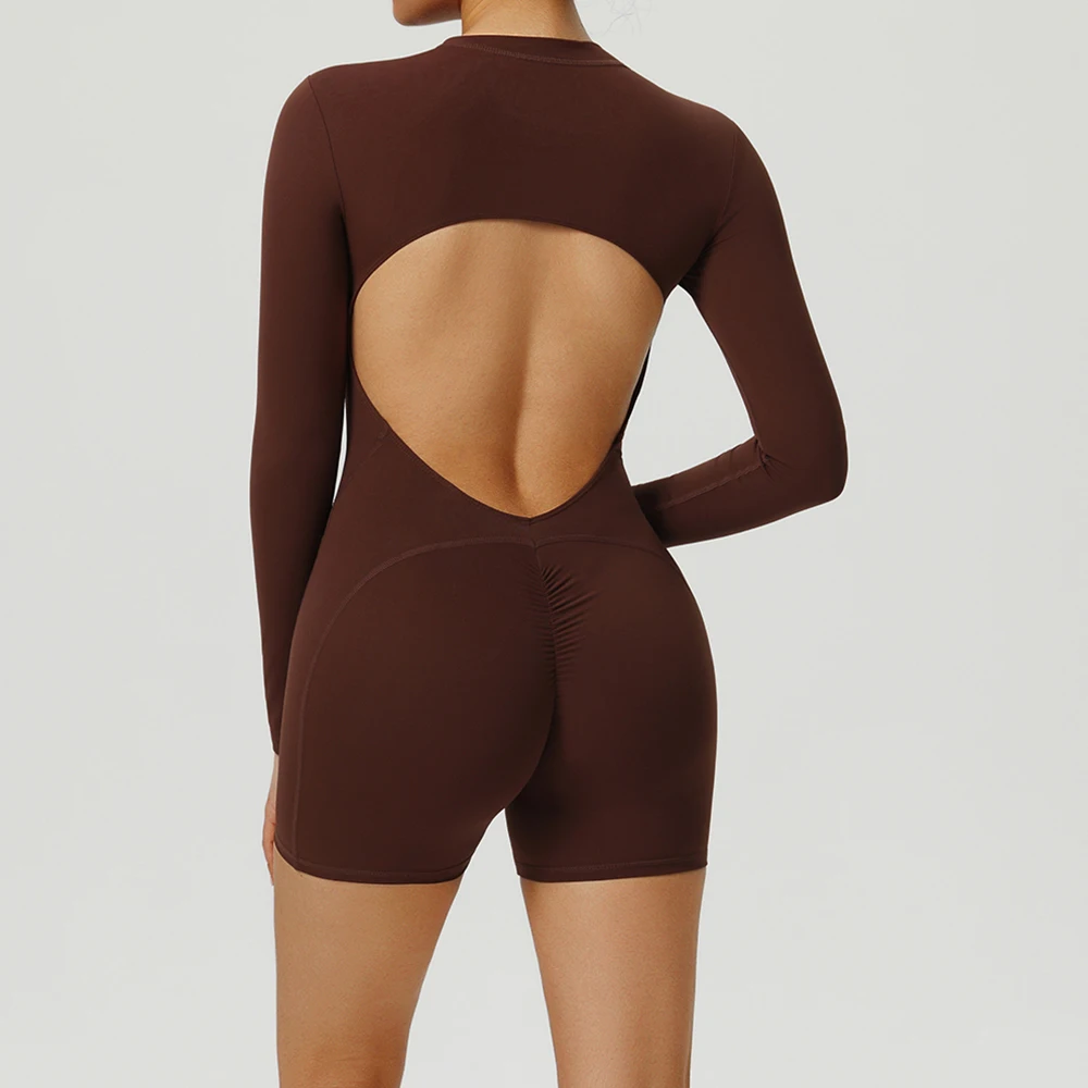 

New Model Long Sleeved Shorts Jumpsuit Backless Yoga Suit Sports Outdoor Recreation Jumpsuit Solid Colour Stretch Women Bodysuit