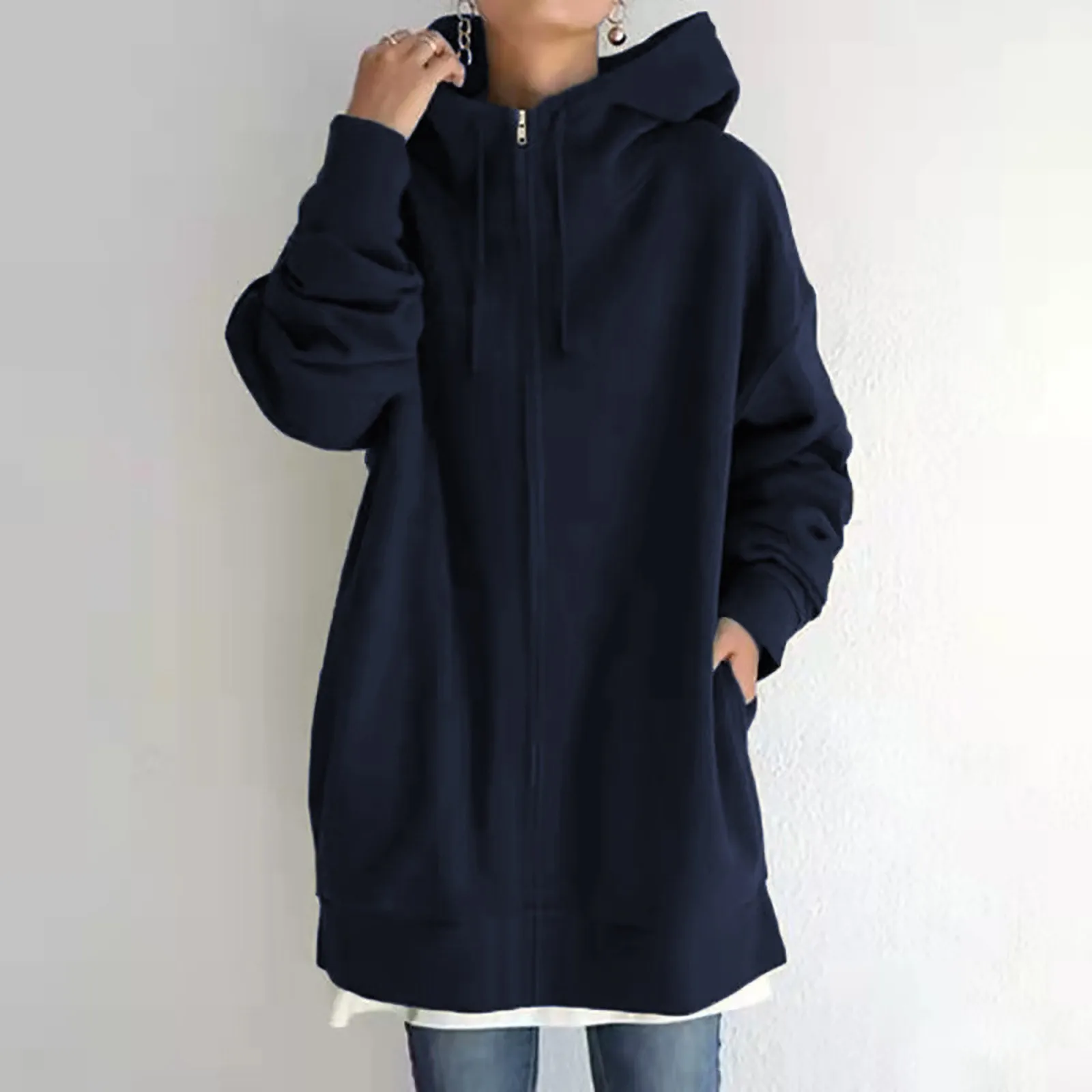 

Women Long Sweatshirt Fashion Loose Solid Color Hooded Streetwear Pocket Zipper Drawstring Long Sleeved Hoodie Coat Winter Fall