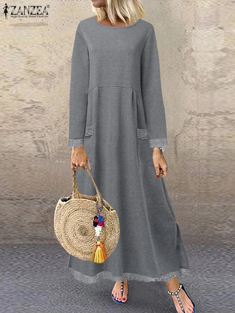 2025 ZANZEA femmes automne à manches longues chaud polaire Robe d'été hiver sweat Robe col rond dentelle Patchwork Maxi robes Robe Femme