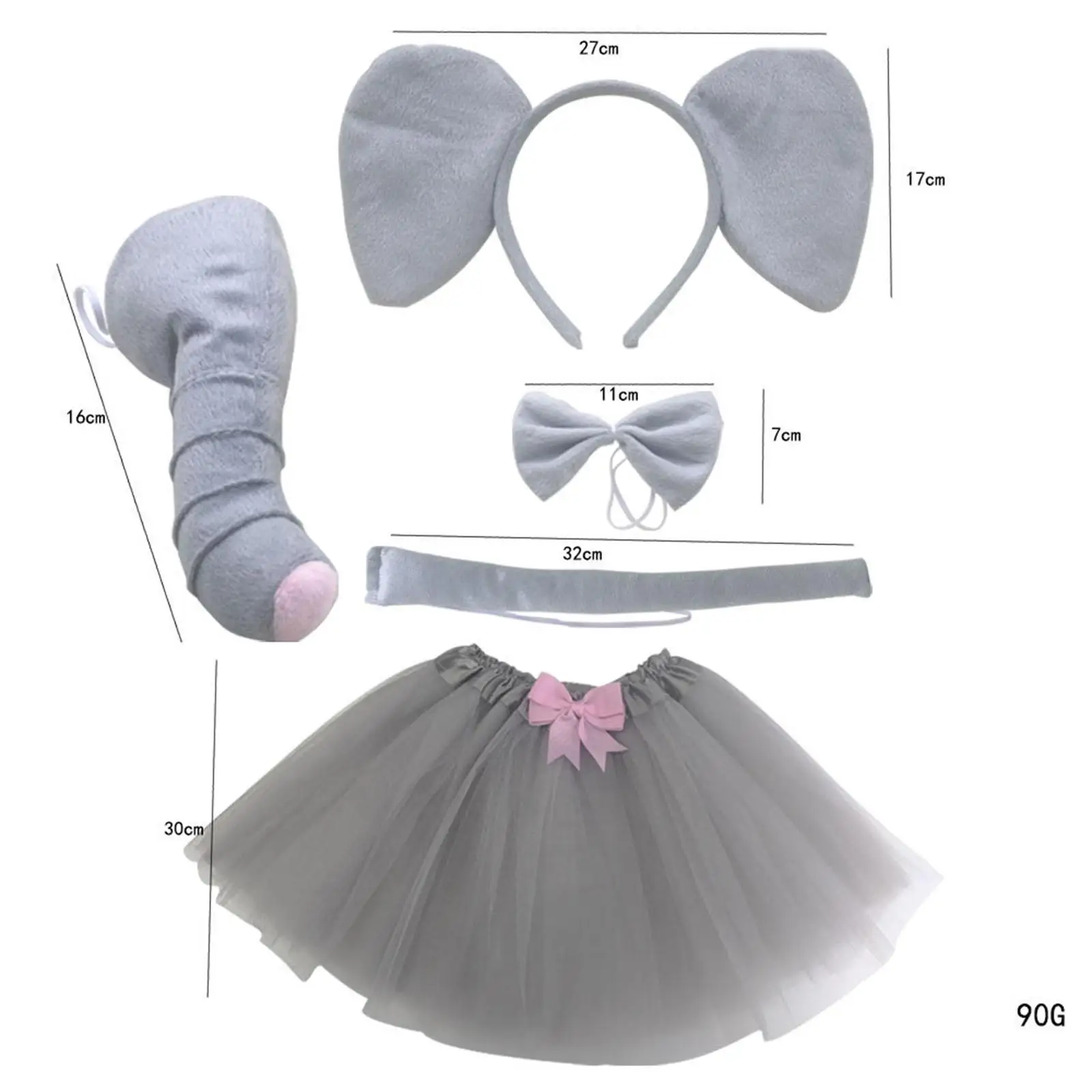 Elephant Ears Headband Nose Bow Tie Tail Skirt for Stage Performance