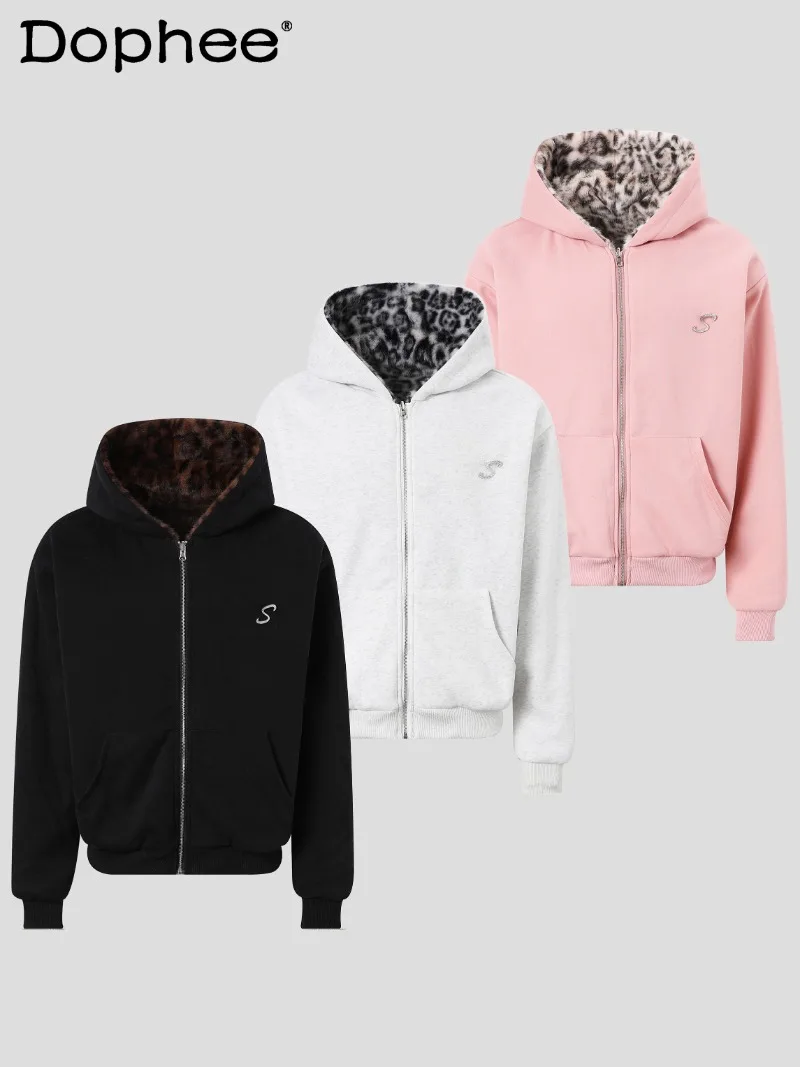 

American Retro Fashion Trend Leopard Print Cotton Jacket Loose Casual Zipper Thickened Warm Coat for Men