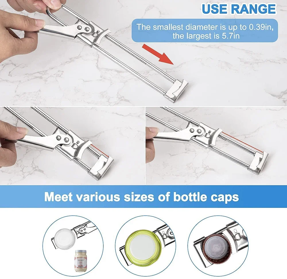 New Adjustable Jar Opener Stainless Steel Manual Bottle Lid Opener For Weak Hands Easy Grip Kitchen Accessories Gadgets Tools