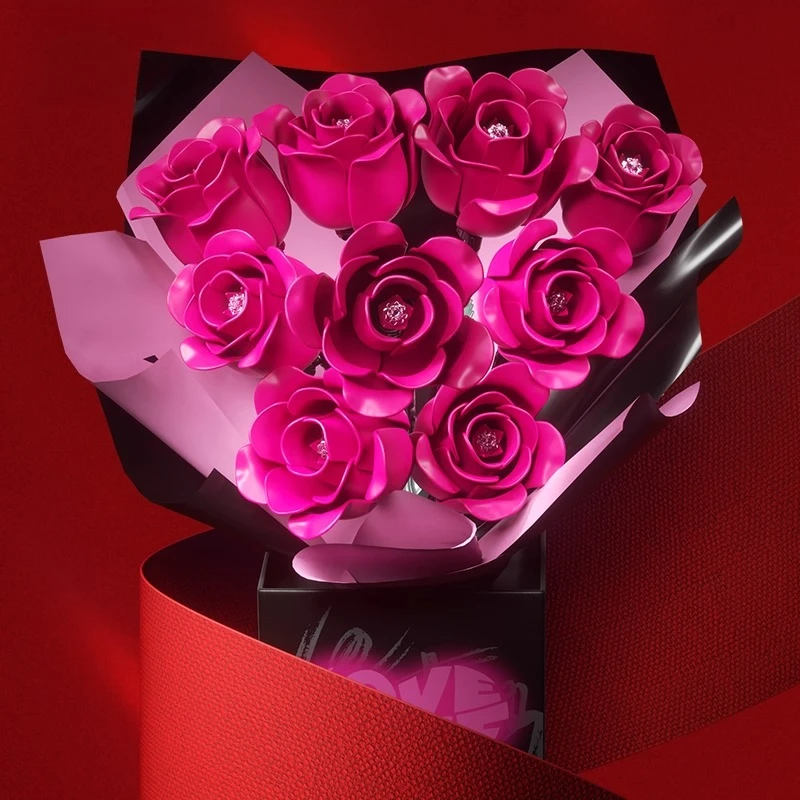 ตัวต่อ SEMBO รูปดอกกุหลาบแดงจำลอง ชุดประกอบดอกไม้ประดับตกแต่งโต๊ะทำงาน ของขวัญวันเกิด