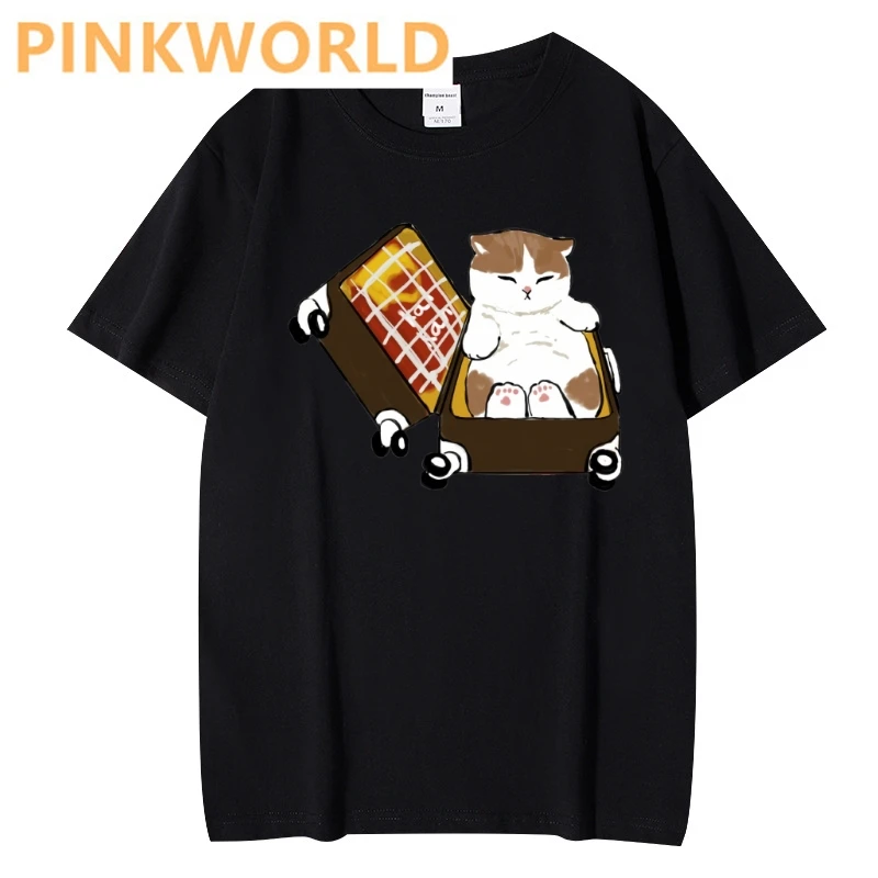 Kawaii A cat packed in a suitcase print ladies T-shirt casual basis O-collar Black white Women shirt short sleeve ladies Tshirt