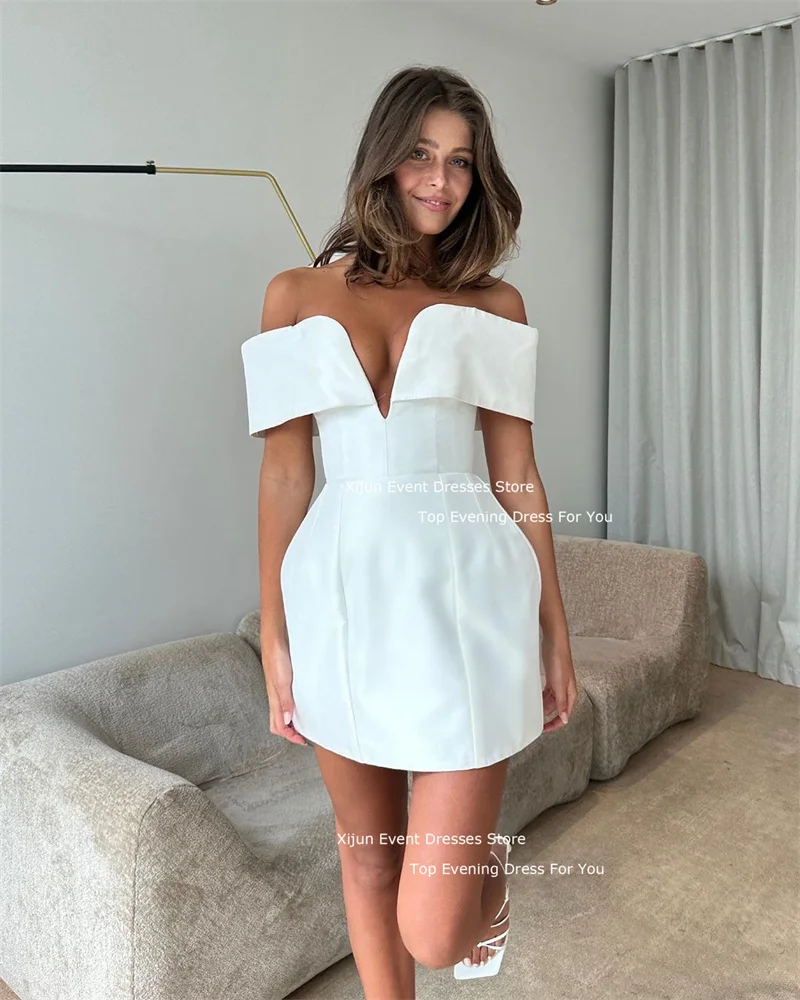 Xijun Simple Mini Wedding Dresses V-Neck Off The Shoulder Prom Dresses Formal Satin Bridal Gowns Women Wedding Party Gowns