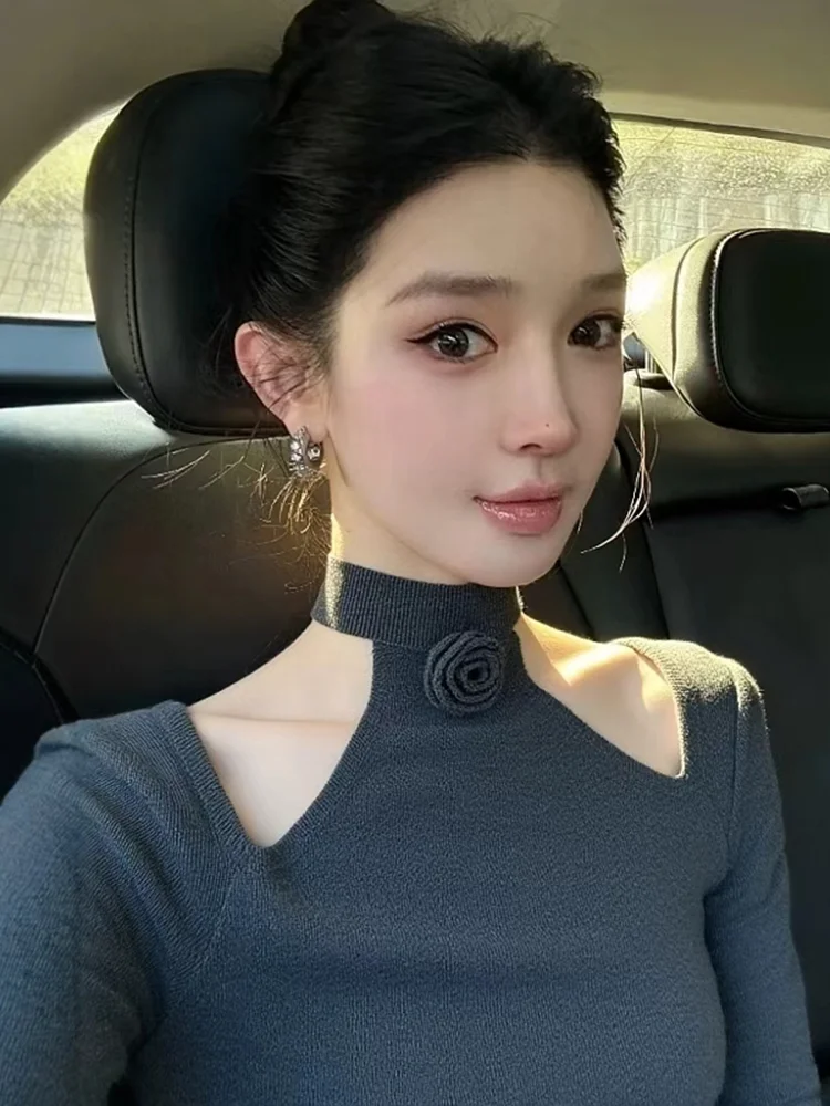 

Ele Pure Desire Knitted oulder Bared Sweater Women's Autumn Winter Luxury Hollow out Base Layer with 3D Flower Design