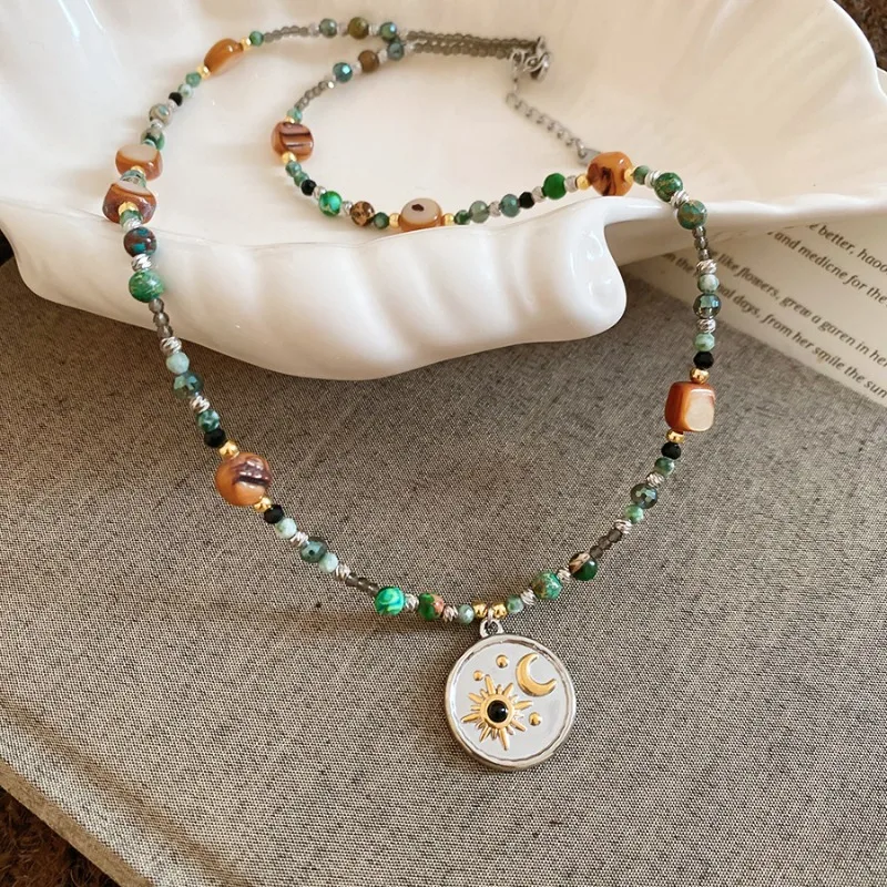 

Minar Bohemia Multicolor Irregular Natural Stone Shell Beads Sun Moon Coin Pendant Necklaces for Women Stainless Steel Chokers