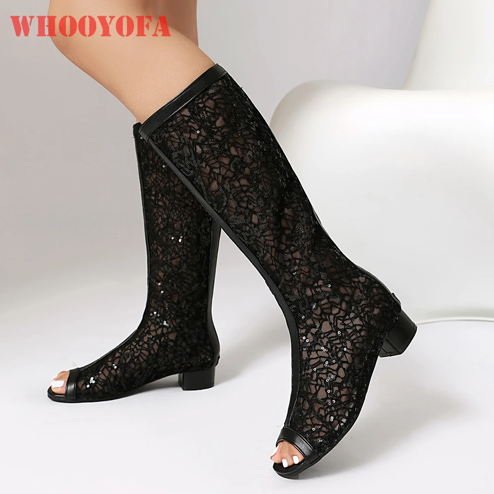 

2025 Summer Elegant White Black Women Mesh Boots Gladiator Tall Calf 2.5cm Low Heel Lady Casual Shoes Plus Big Size 10 43 46