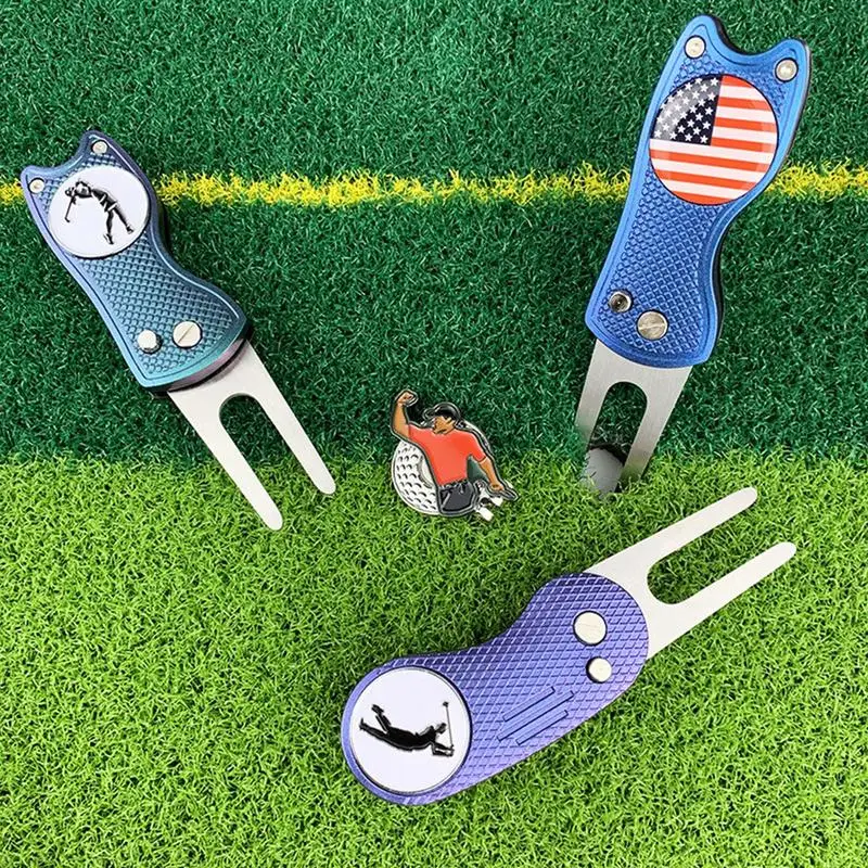 Golf Green Fork Golf Pitch Fork Divot Repair Tool Putting Green Fork Golf Accessories Golf Ball Marker positioner with caps clip