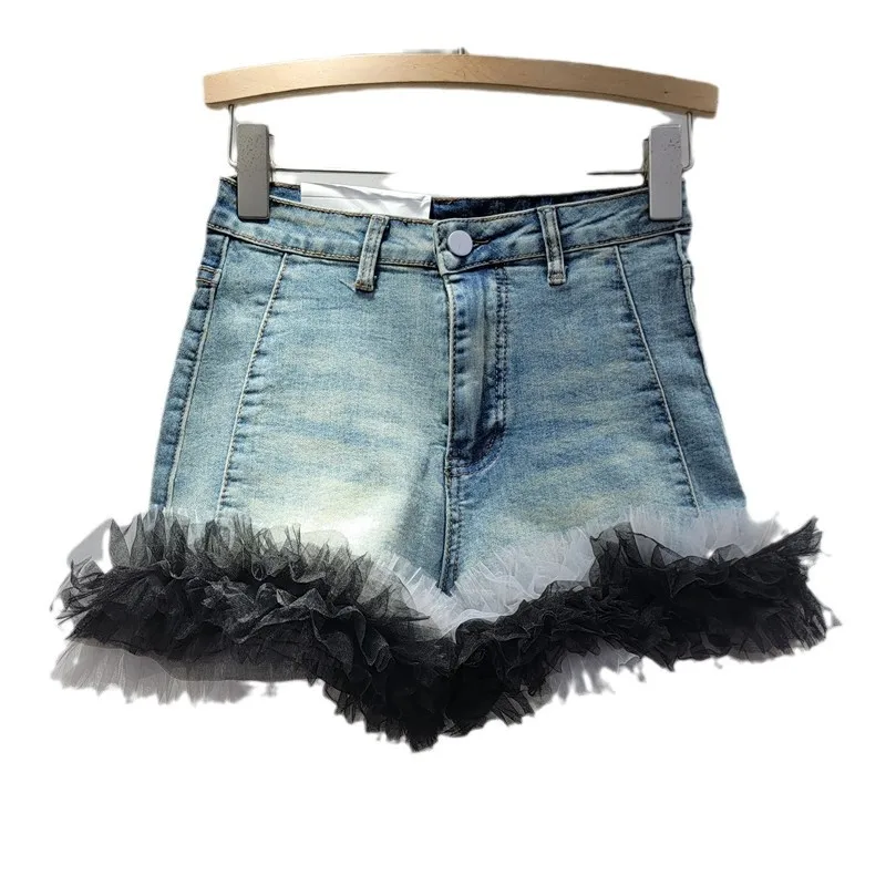 Stylish Contrasting Mesh Stitching Denim Shorts Female Autumn Winter New Elastic High-waisted Hip-lifting Short Jeans Women