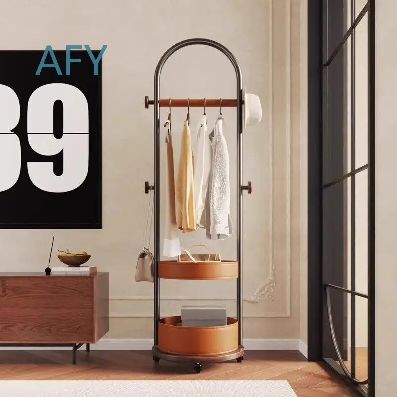 Light Luxury Floor Standing Coat Rack for Home Bedroom Living Room Storage Saddle Leather Hanging Hanger Mobile Clothes