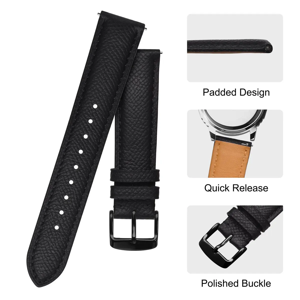 BISONSTRAP Texture Leather Watch Strap Belt for Men Women 18mm 20mm 22mm  Bracelets Watchband Quick Replacement Black Buckle