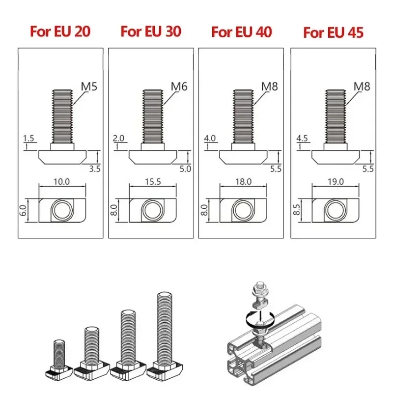 2~10pcs M5 M6 M8 EU Standard T-bolt T-screw & Flange Nut T Shaped Hammer Bolt for 20/30/40/45 Linear Rail Aluminum Profiles