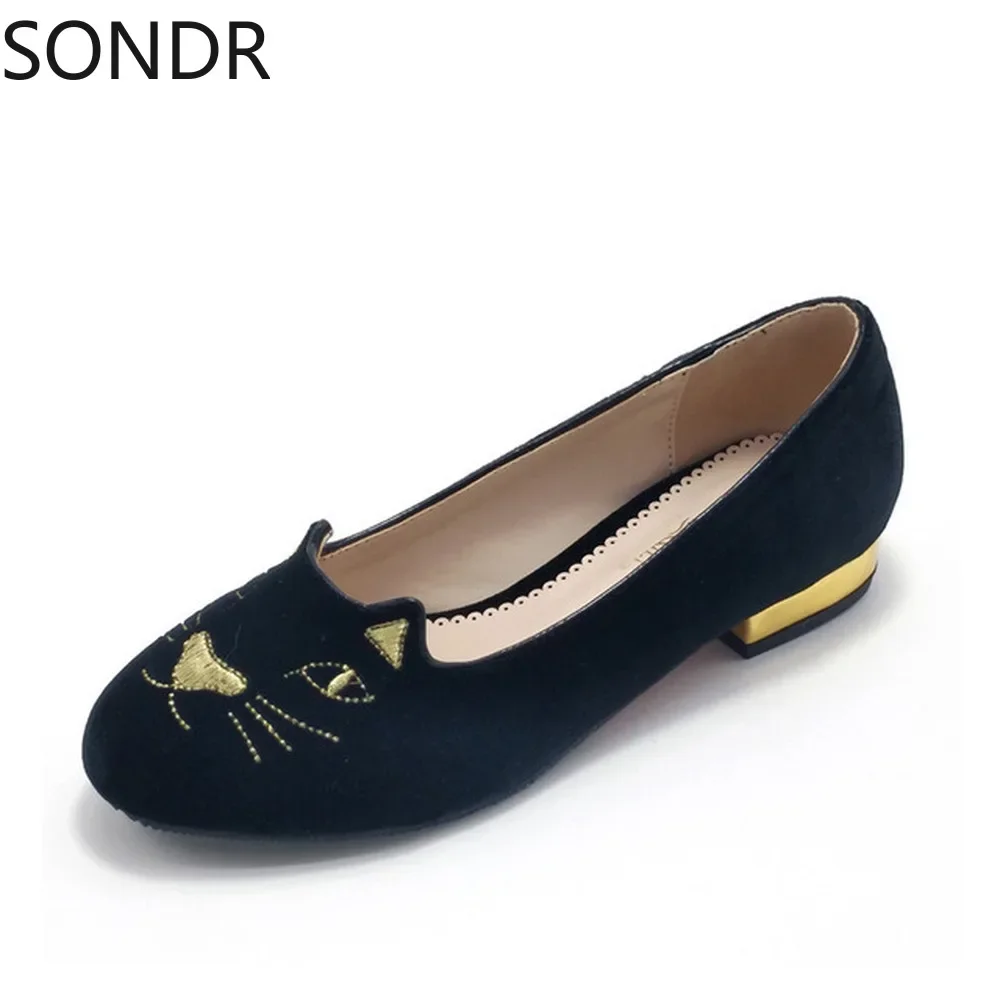 Womens Round Toe Velvet Leather Embroidery Cat Loafer Espadrille Slip On Low Heel Shoes Casual Plus Size 2Colors