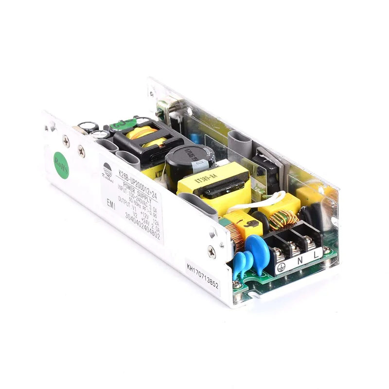 100-240VAC Input Open Frame Power Supply 200W Dual Output  12V 24V