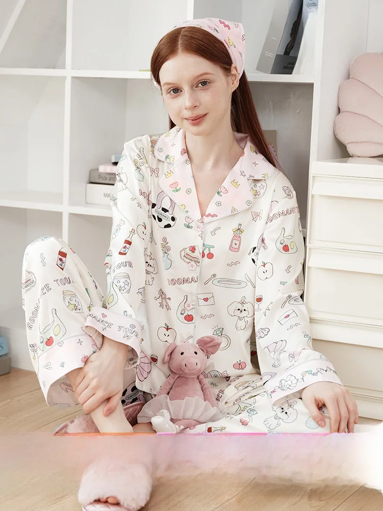 RooMance Ice Silk Sleepwear Women's Style Summer Outdoor Wearable Home Clothes Set Sweet Cute Printed Loose Fit Long Sleeve
