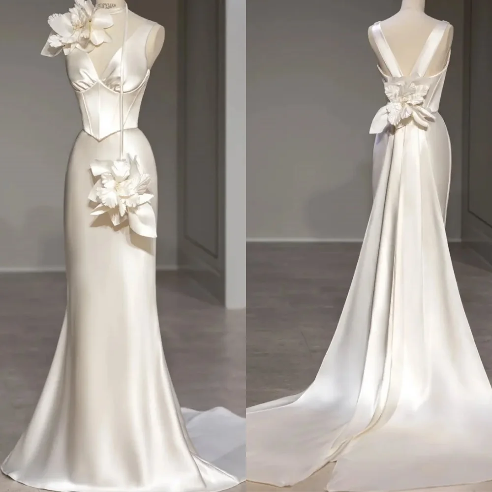 

Customized Formal Ivory Satin Evening Dress Modern V-Neck Spaghetti Straps Sleeveless Open Back Mermaid Flowers Cocktail Dress